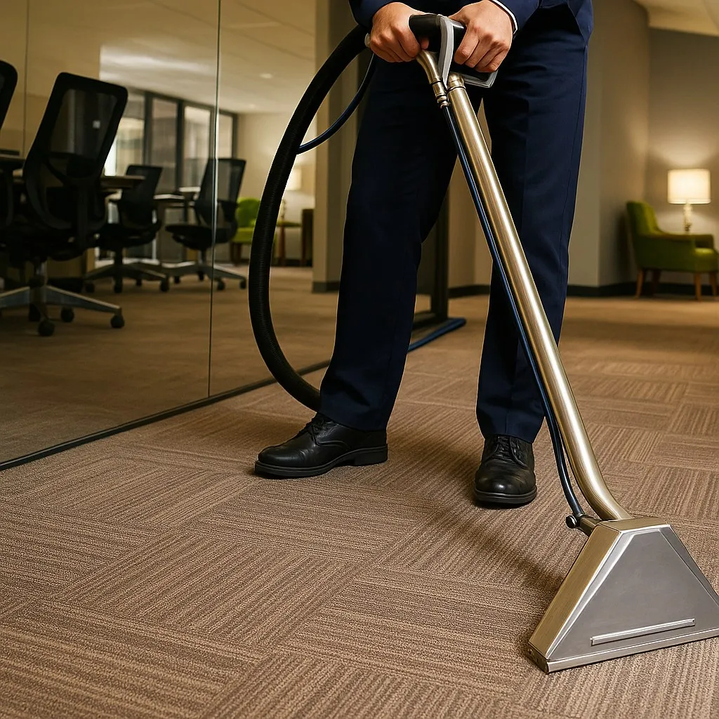 A Frisco Brothers technician running a commercial carpet extractor across an office floor